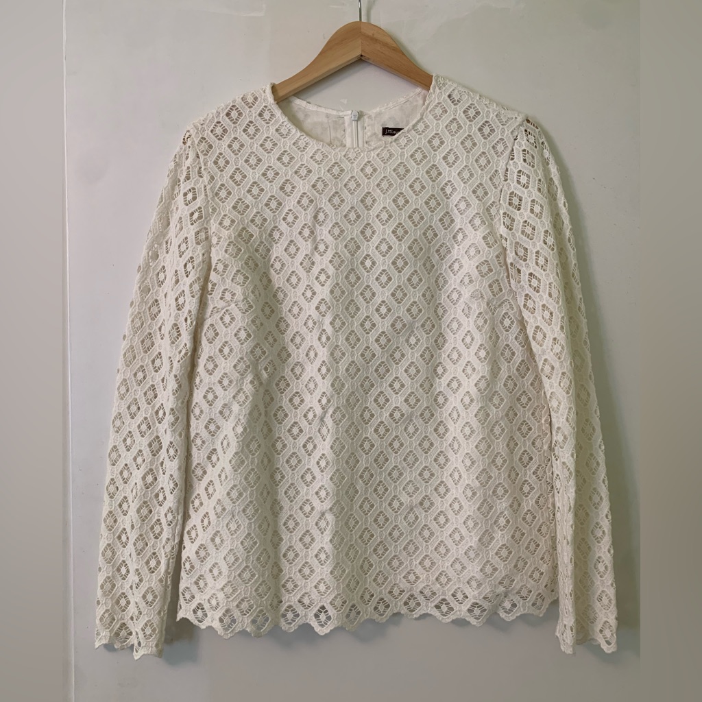J. Mclaughlin White Lissa Diamond Lace Eyelet Long Sleeve Blouse Medium